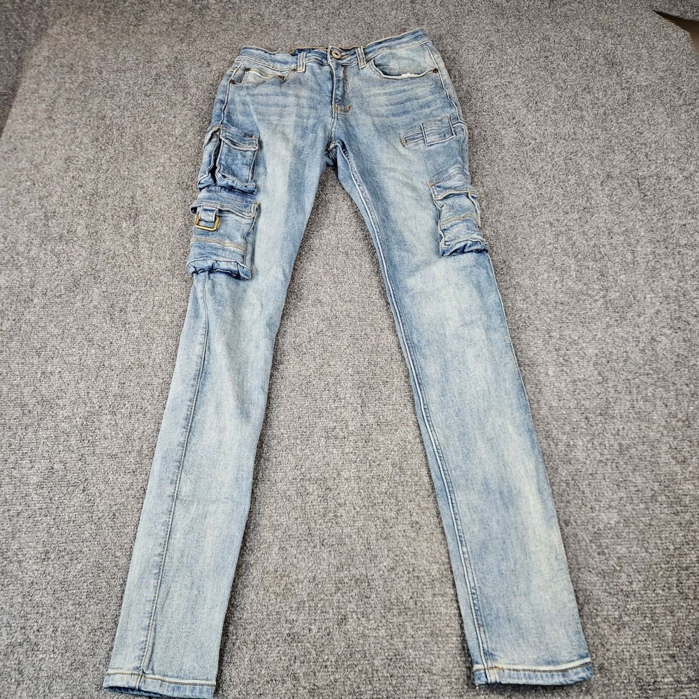 Serenede Mens Light Wash Cargo Denim Jeans Slim Fit Blue Streetwear Size 30